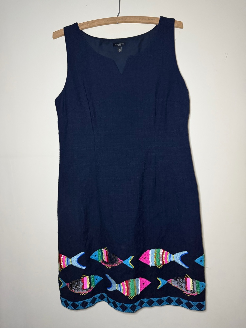 Talbots Navy Sleeveless Shift Dress with Multicolor Fish Embroidery